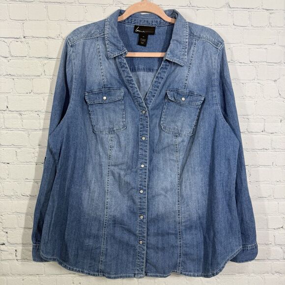 Lane Bryant Blouse Denim Women Size 24 Snap Button Chambray Roll Tab Sleeve Top - Picture 2 of 9